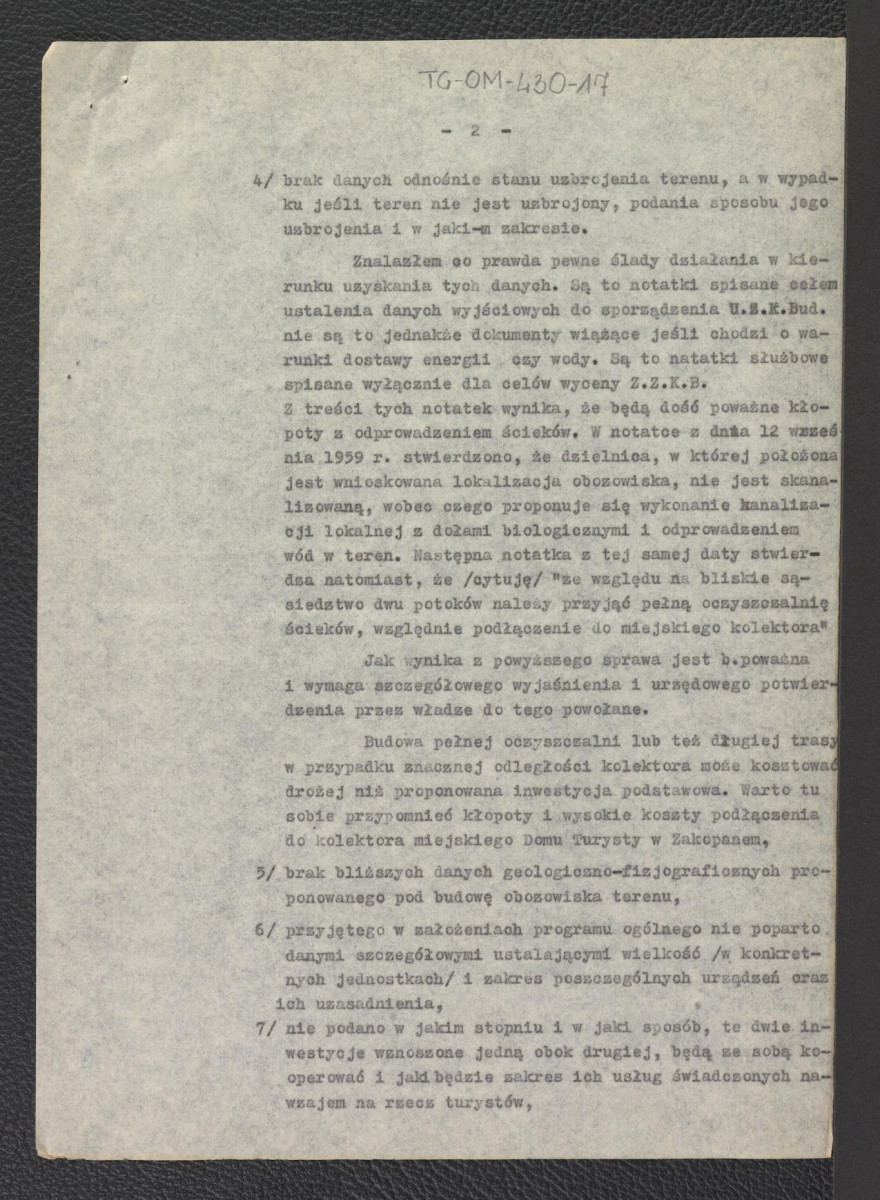 "Opinia do założeń projektowych, projektu wstępnego zagospodarowania, projektów szkicowych architektonicznych i zbiorczego zestawienia na budowę Obozowiska Turystycznego przy Rondzie w Zakopanem", skan 2