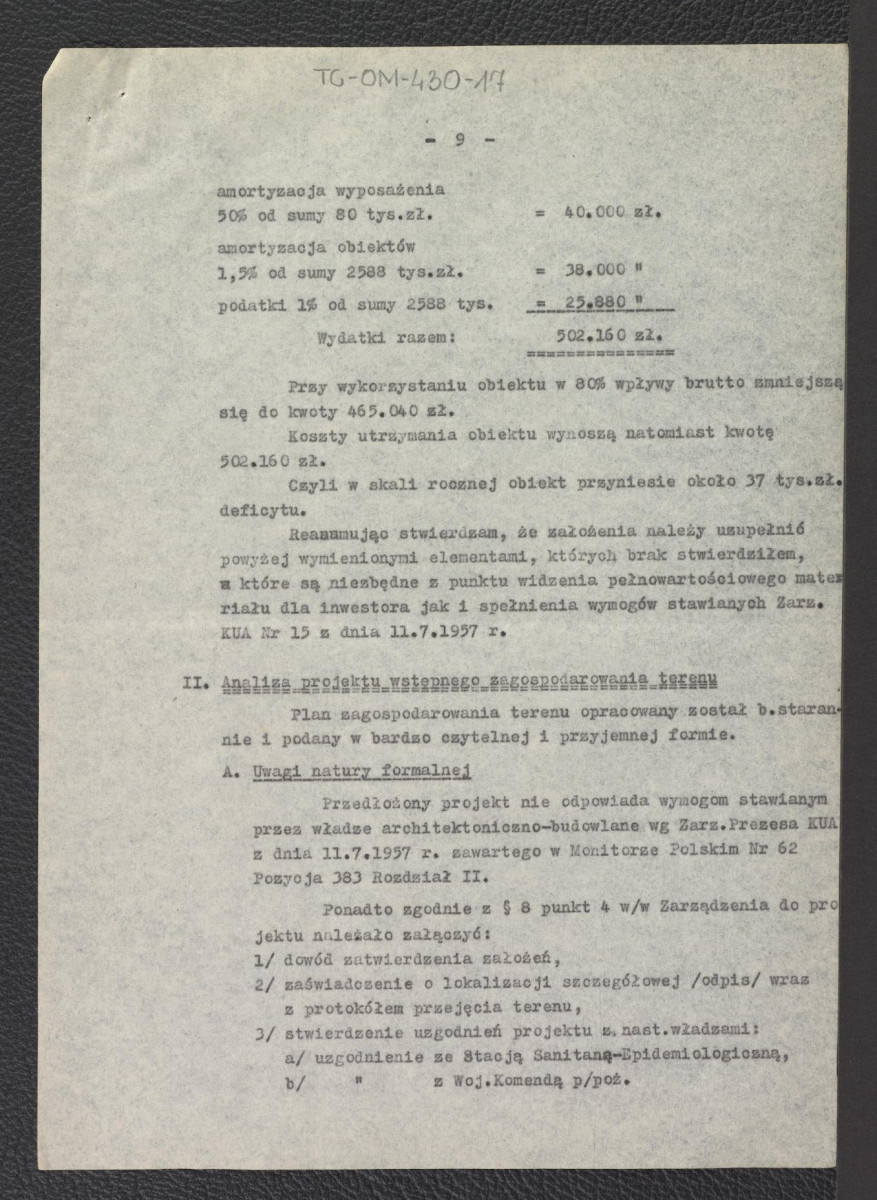 "Opinia do założeń projektowych, projektu wstępnego zagospodarowania, projektów szkicowych architektonicznych i zbiorczego zestawienia na budowę Obozowiska Turystycznego przy Rondzie w Zakopanem", skan 9