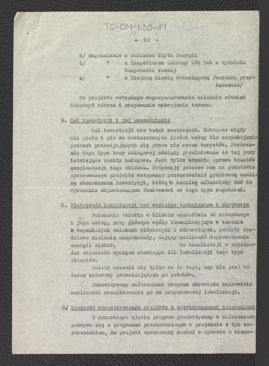 "Opinia do założeń projektowych, projektu wstępnego zagospodarowania, projektów szkicowych architektonicznych i zbiorczego zestawienia na budowę Obozowiska Turystycznego przy Rondzie w Zakopanem", skan 10