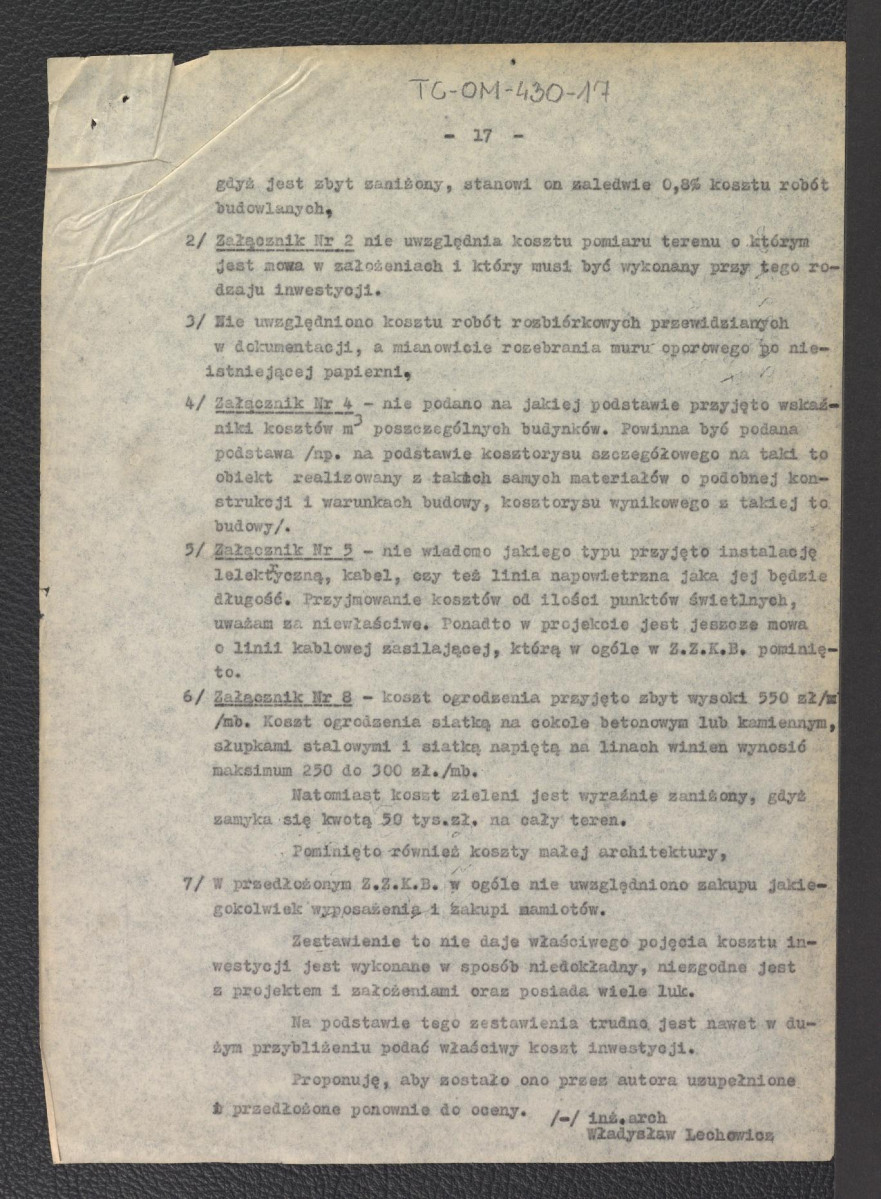 "Opinia do założeń projektowych, projektu wstępnego zagospodarowania, projektów szkicowych architektonicznych i zbiorczego zestawienia na budowę Obozowiska Turystycznego przy Rondzie w Zakopanem", skan 18
