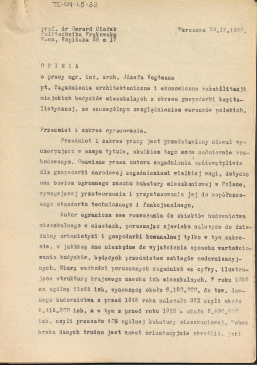 opinia z dnia 29 września 1960 r. o pracy Jóefa Vogtmana pt. "Zagadnienia architektoniczne i ekonomiczne rehabilitacji miejskich budynków mieszkalnych z okresu gospodarki kapitalistycznej, ze szczególnym uwzględnieniem warunków polskich", skan 1