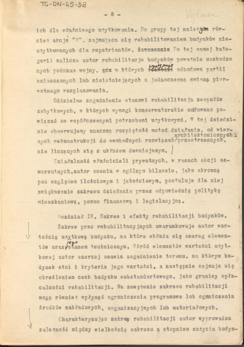 opinia z dnia 29 września 1960 r. o pracy Jóefa Vogtmana pt. "Zagadnienia architektoniczne i ekonomiczne rehabilitacji miejskich budynków mieszkalnych z okresu gospodarki kapitalistycznej, ze szczególnym uwzględnieniem warunków polskich", skan 8