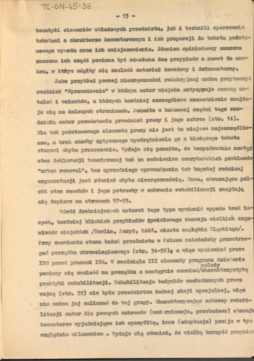 opinia z dnia 29 września 1960 r. o pracy Jóefa Vogtmana pt. "Zagadnienia architektoniczne i ekonomiczne rehabilitacji miejskich budynków mieszkalnych z okresu gospodarki kapitalistycznej, ze szczególnym uwzględnieniem warunków polskich", skan 13