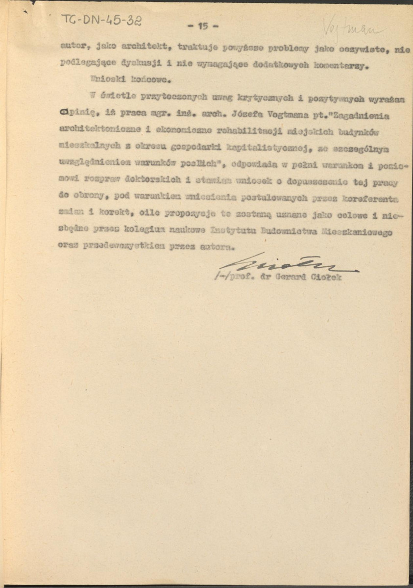 opinia z dnia 29 września 1960 r. o pracy Jóefa Vogtmana pt. "Zagadnienia architektoniczne i ekonomiczne rehabilitacji miejskich budynków mieszkalnych z okresu gospodarki kapitalistycznej, ze szczególnym uwzględnieniem warunków polskich", skan 15