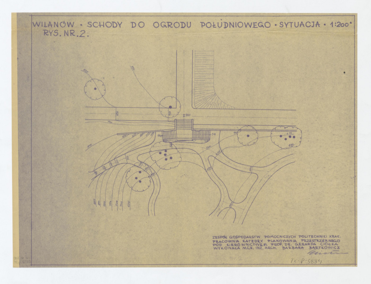 Wilanów-schody do ogrodu południowego, plan sytuacyjno - wysokościowy. Napisy: WILANÓW. SCHODY DO ogrodu POŁUDNIOWEGO. SYTUACJA.  1:200; rysunek nr 2, skan 1