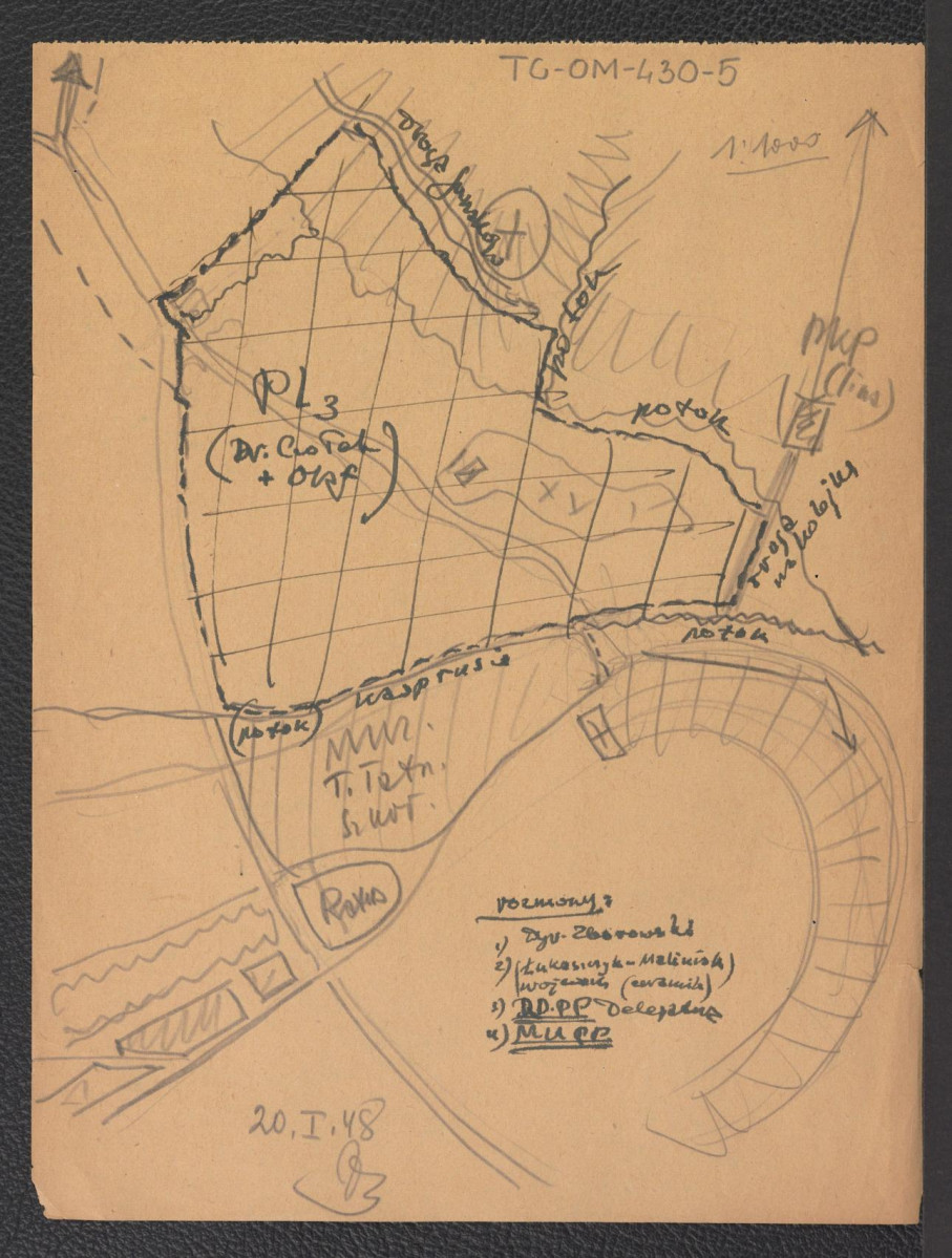 szkic planu w skali 1:1000 sporządzony 20 stycznia 1948 roku, skan 1