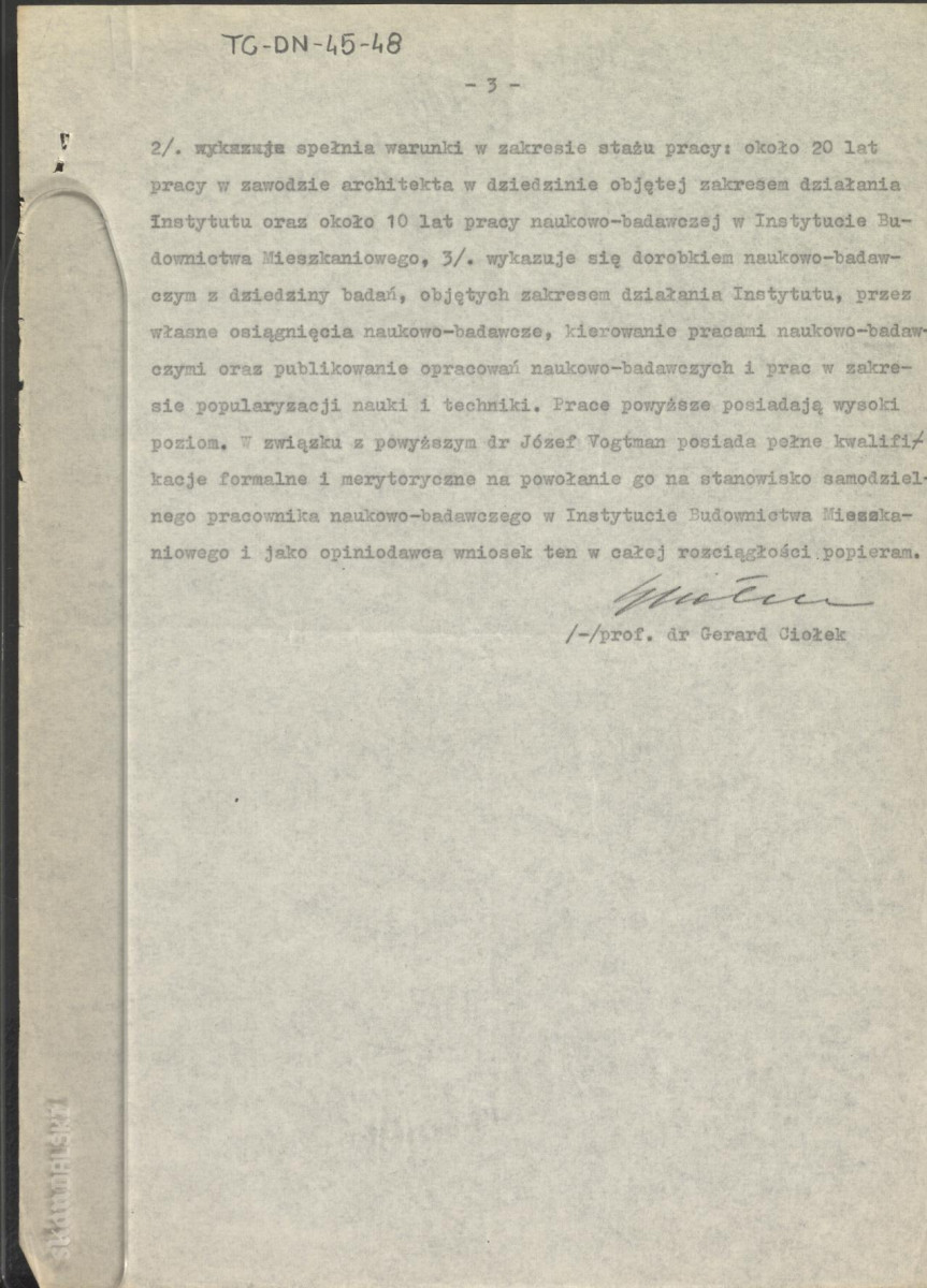 recenzja (podsumowanie) z dnia 7 stycznia 1962 r. dorobku zawodowego i naukowego Józefa Vogtmana do wniosku o powołanie go na samodzielnego pracownika naukowo-badawczego Instytutu Budownictwa Mieszkaniowego, skan 3