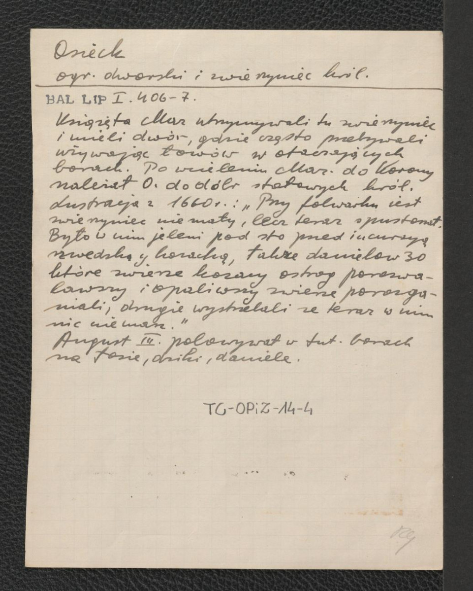 wypis z Baliński M., Lipiński T., Starożytna Polska pod względem historycznym, jeograficznym i statystycznym, Warszawa 1885, T. I, s. 406-407 dotyczący zwierzyńca funkcjonującego przy folawarku w 1660 r., skan 1