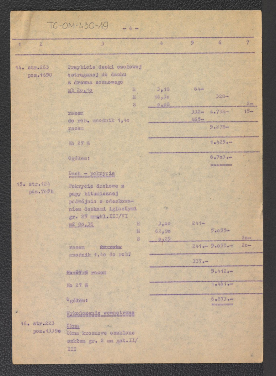 tabela elementów scalonych do kosztorysu na budowę pawilonu campingowego siedmiosegmentowego krytego papą z dnia 6 lipca 1959 roku, skan 5
