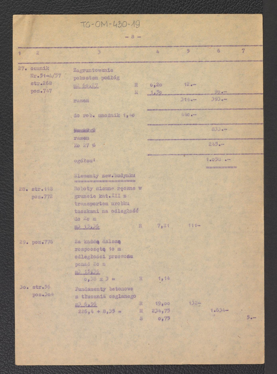 tabela elementów scalonych do kosztorysu na budowę pawilonu campingowego siedmiosegmentowego krytego papą z dnia 6 lipca 1959 roku, skan 9