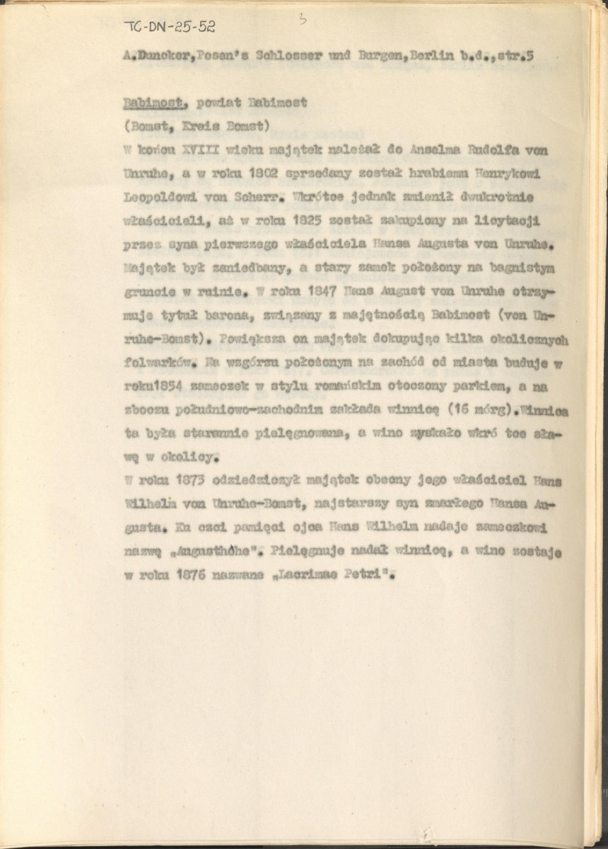 wypis z pracy "Pałace i zamki w Poznańskim w artystycznych, barwnych i wiernie z natury odtworzonych ilustracjach wraz z towarzyszącym im tekstem. Wydane przez Aleksadra Ducknera nadwornego księgarza Jego Królewskiej Mości. Berlin b.d. Nakładem Aleksandra Ducknera nadwornego księgarza królewskiego", s. 5, skan 1