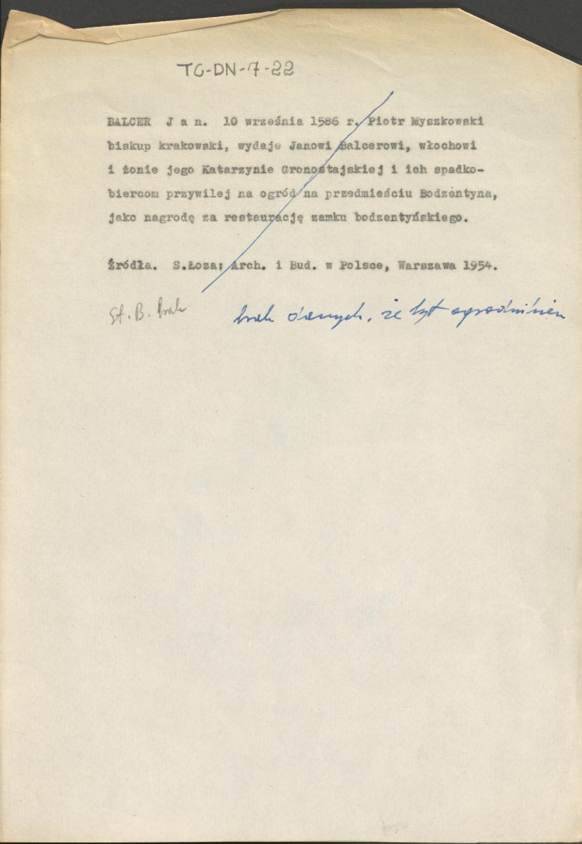 wypis z Stanisław Łoza, Architekci i budowniczowie w Polsce, Warszawa 1954 dotyczący Jana Balcera, skan 1