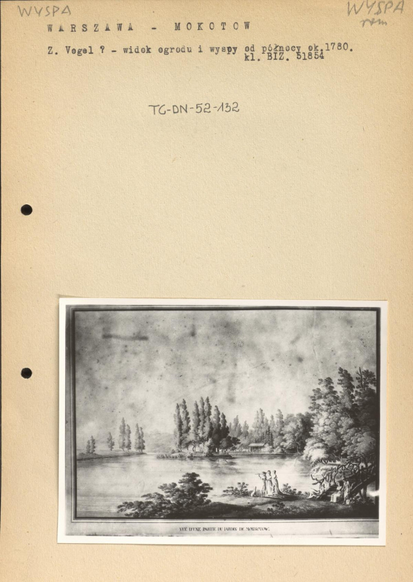 ilustracja związana z hasłem - wyspa - Warszawa-Mokotów (widok ogrodu i wyspy od północy autorstwa być może Zygmunta Vogla z ok. 1780 r.), skan 1