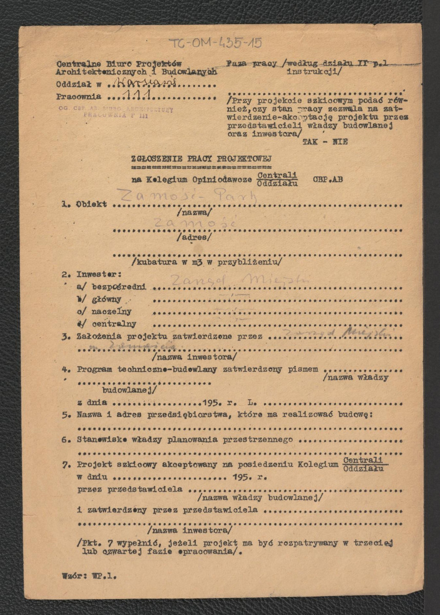 formularz zgłoszenia pracy projektowej na Kolegium Opiniodawcze Centrali CBP.AB, skan 1