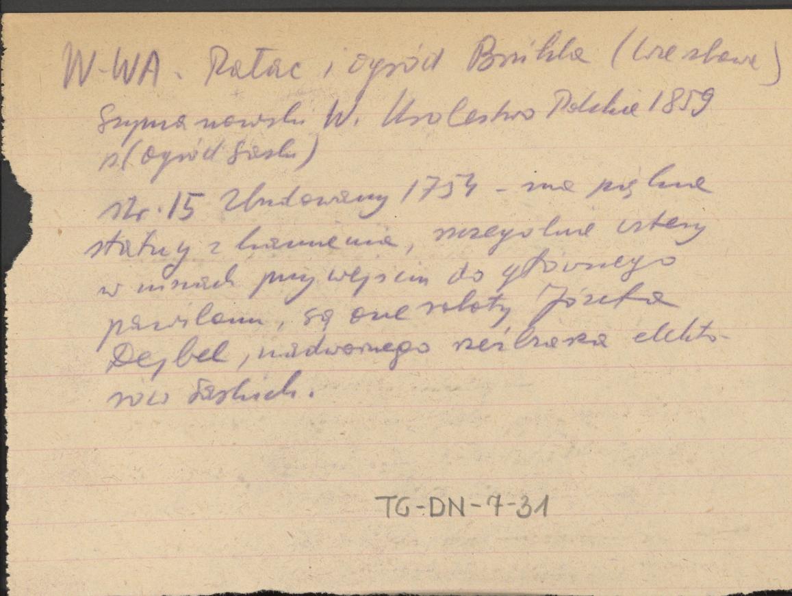 wypis z Szymanowski W., Królestwo Polskie czyli najdokładniejszy obraz tego kraju pod względem
statystycznym, geograficznym i historycznych wspomnień, Warszawa 1859 dotyczący pałacu i ogrodu Brühla w Warszawie przy ul. Wierzbowej, skan 1