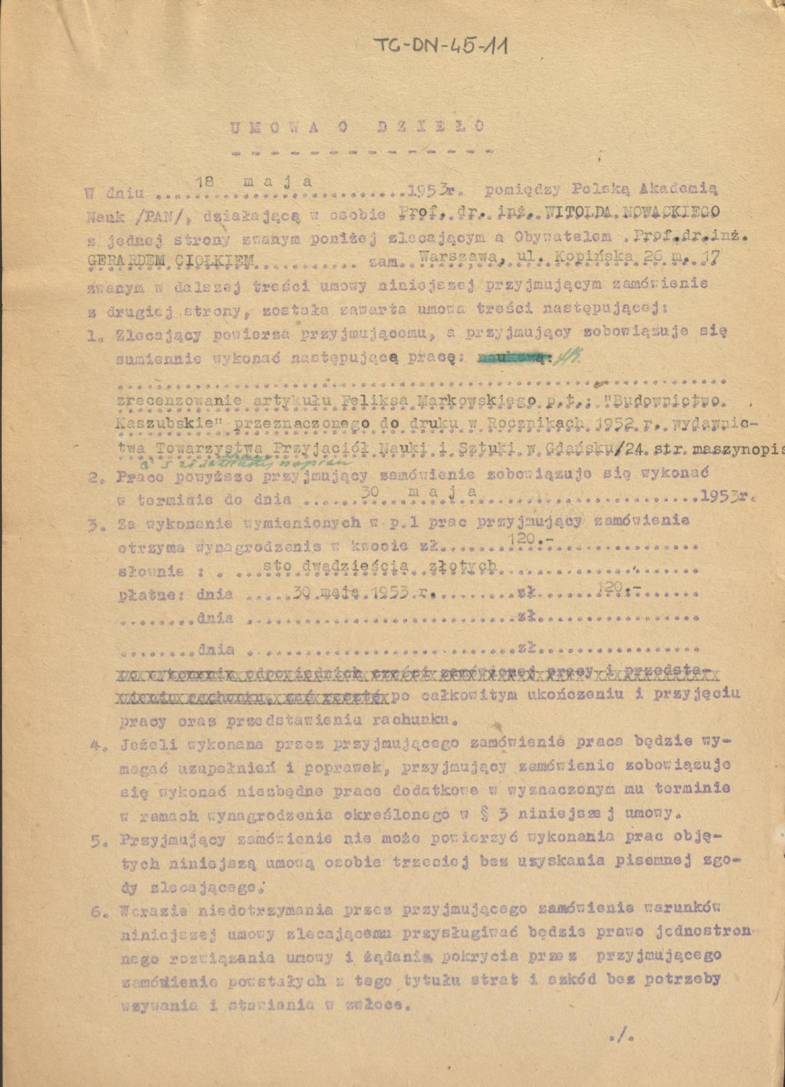 umowa z dnia 18 maja 1953 r. pomiędzy Polską Akademią Nauk i Gerardem Ciołkiem na zrecenzowanie artykułu Feliksa Markowskiego pt. "Budownictwo kaszubskie", skan 1