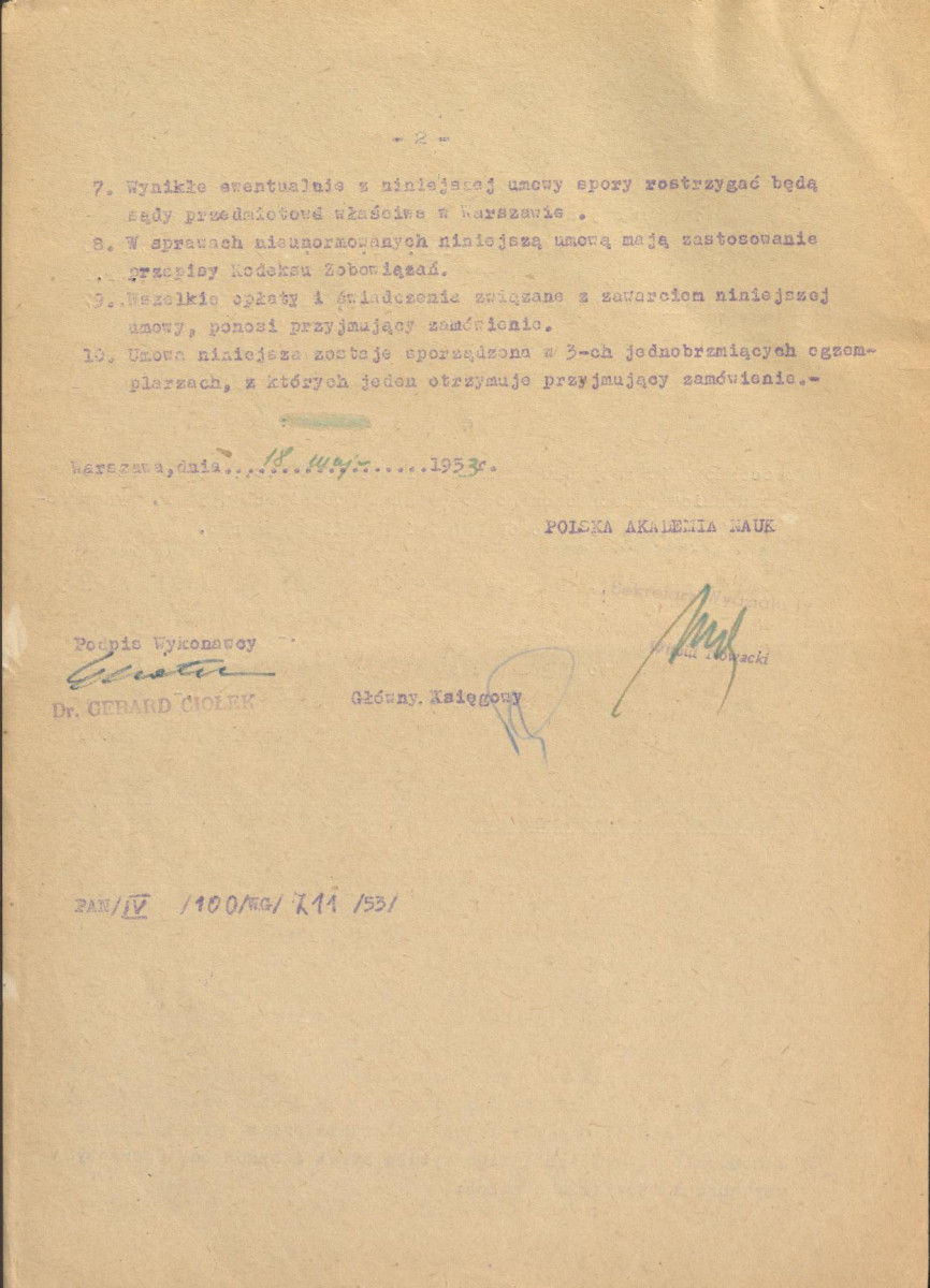 umowa z dnia 18 maja 1953 r. pomiędzy Polską Akademią Nauk i Gerardem Ciołkiem na zrecenzowanie artykułu Feliksa Markowskiego pt. "Budownictwo kaszubskie", skan 2