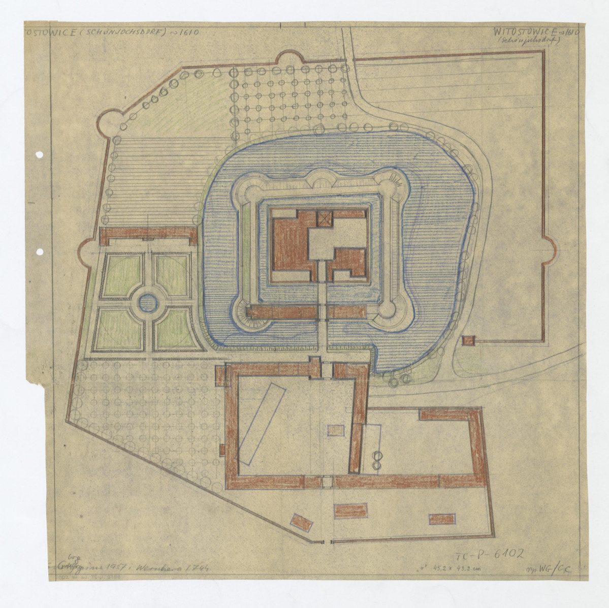 plan ogrodu  zamkowego o formacji bastejowej. Stan z około 1610 roku według Bohdana Guerquina 1657 i Wernhera 1774. Napis u góry "WITOSTOWICE ~ 1610 (Schőmjachsdorf); u dołu: "według Guerquina 1957 i Wernhera 1744" oraz "rysunek Wanda Genga/Gerard Ciołek", skan 1