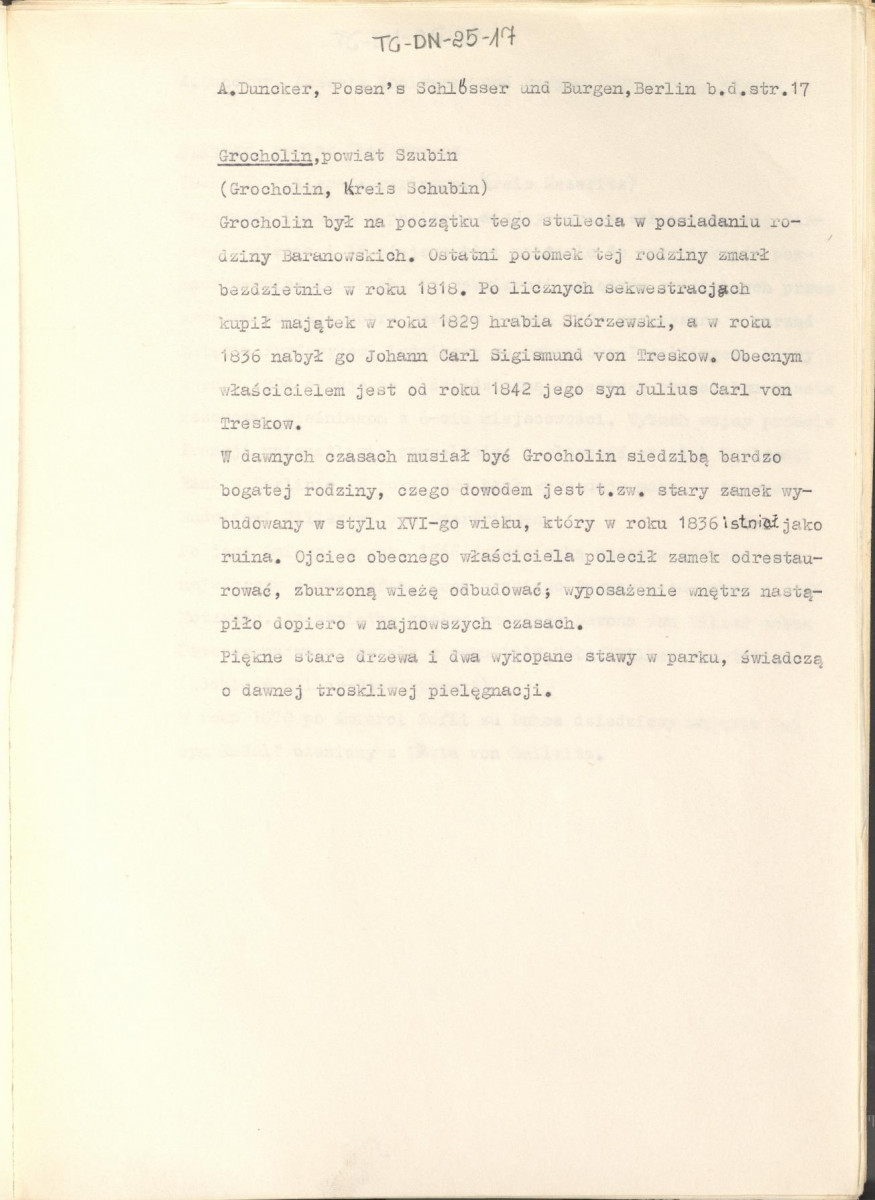 wypis z pracy "Pałace i zamki w Poznańskim w artystycznych, barwnych i wiernie z natury odtworzonych ilustracjach wraz z towarzyszącym im tekstem. Wydane przez Aleksadra Ducknera nadwornego księgarza Jego Królewskiej Mości. Berlin b.d. Nakładem Aleksandra Ducknera nadwornego księgarza królewskiego", s. 17, skan 1