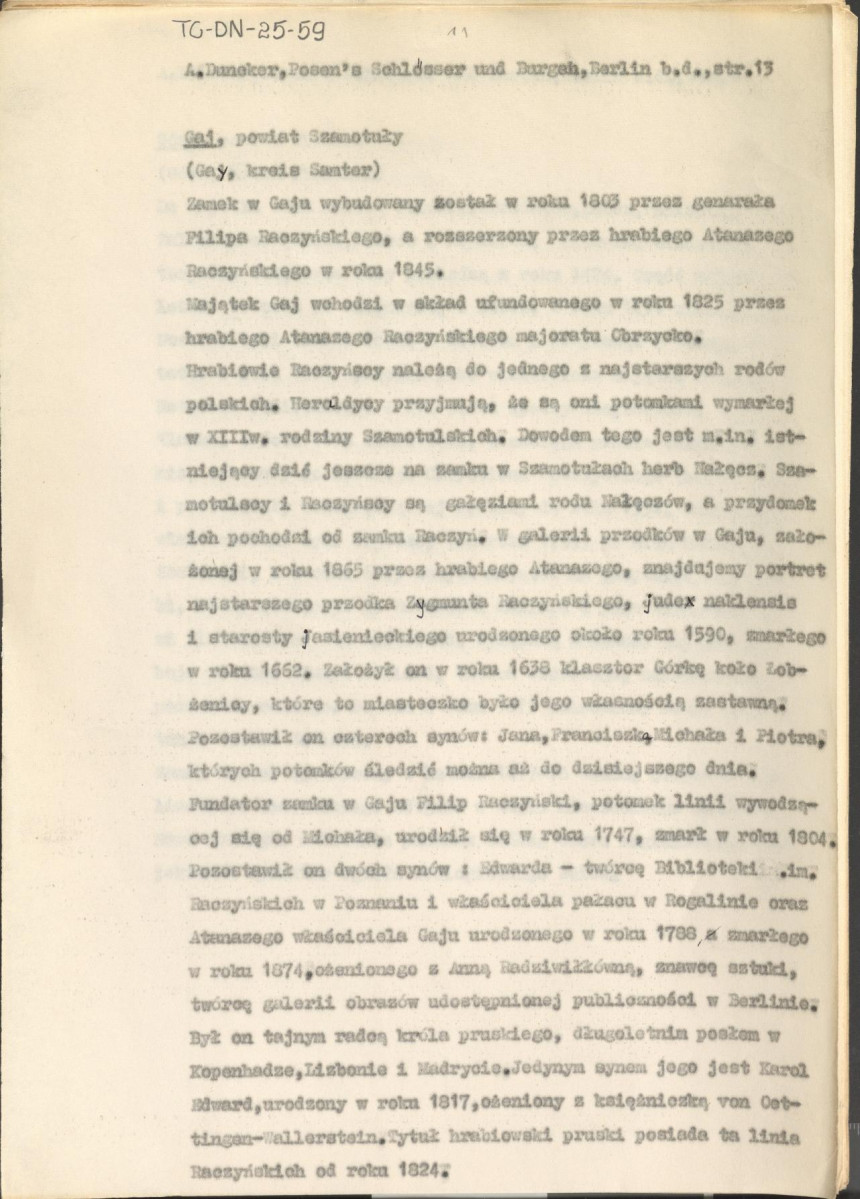 wypis z pracy "Pałace i zamki w Poznańskim w artystycznych, barwnych i wiernie z natury odtworzonych ilustracjach wraz z towarzyszącym im tekstem. Wydane przez Aleksadra Ducknera nadwornego księgarza Jego Królewskiej Mości. Berlin b.d. Nakładem Aleksandra Ducknera nadwornego księgarza królewskiego", s. 13, skan 1
