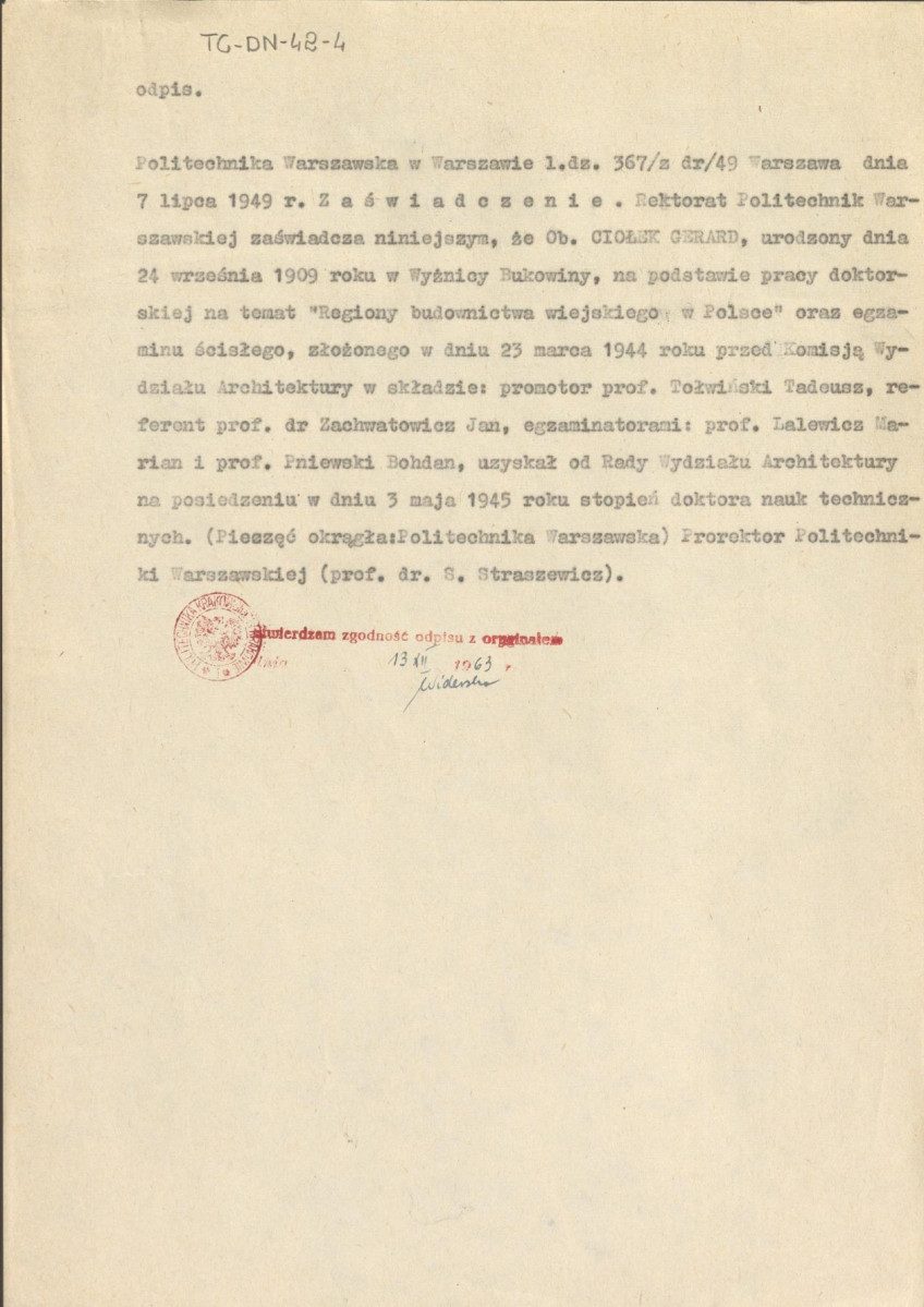 odpis z dnia 13 grudnia 1963 r. zaświadczenia o uzyskaniu przez Gerarda Ciołka stopnia doktora nauk technicznych w dniu 3 maja 1945 r., skan 1