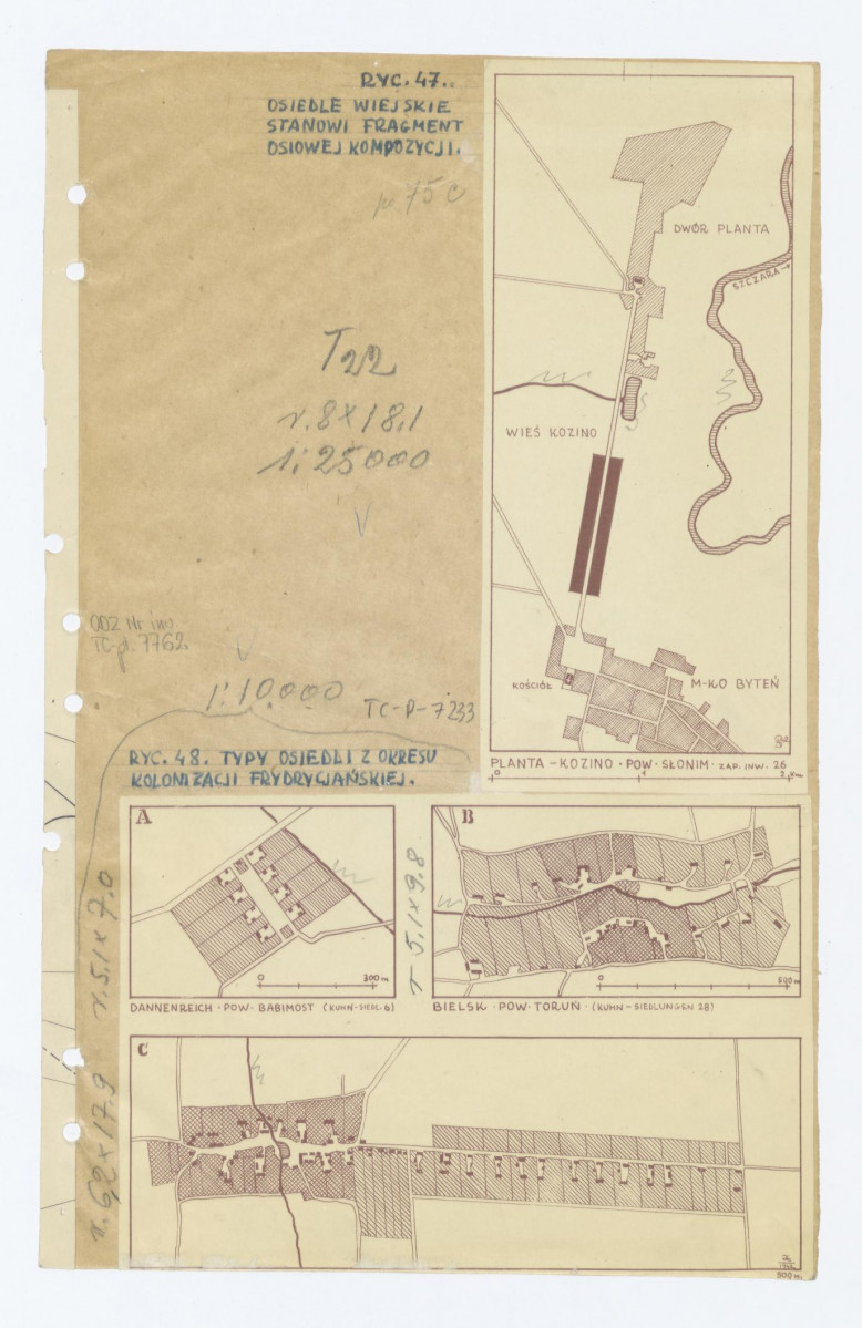 ryc. 47. osiedle wiejskie stanowi fragment kompozycji - Kozino, dwór Planta rzeka Szczara (Białoruś) ryc. 48. typy osiedli z okresu kolonizacji frydrycjańskiej - Dannenreich pow. Babimost; Bielsk pow. Toruń; /?/, skan 1