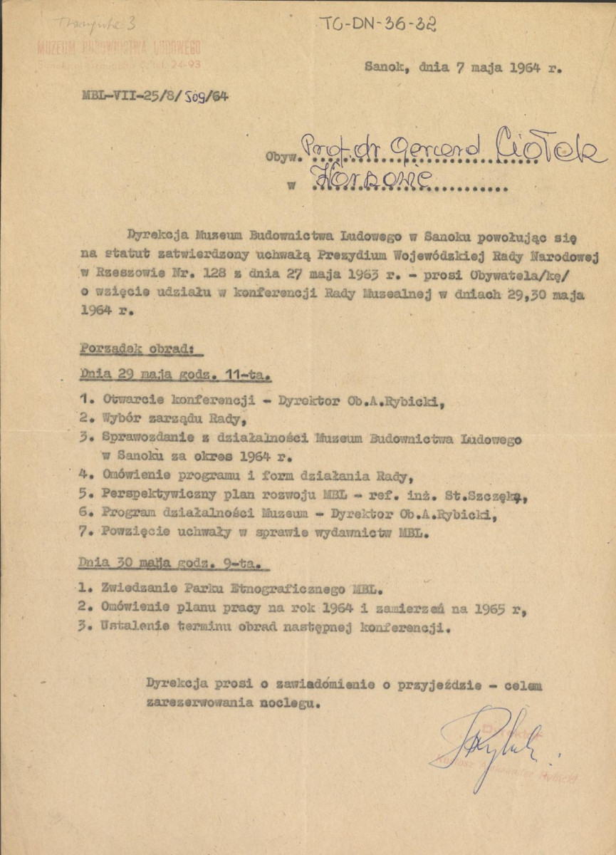 prośba dyrektora Muzeum Budownictwa Ludowego w Sanoku z dnia 7 maja 1964 r. o udział w konferencji Rady Muzealnej, skan 1