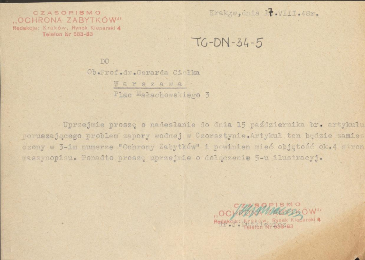 prośba redakcji czasopisma "Ochrona Zabytków" z dnia 17 sierpnia 1948 r. o nadesłanie artykułu poruszającego problem zapory wodnej w Czorsztynie, skan 1