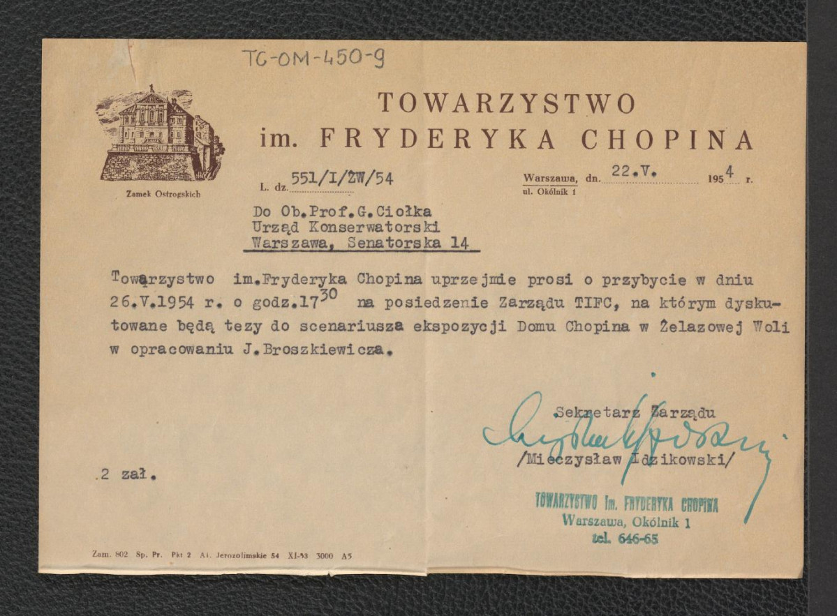 prośba ze strony sekretarza Zarządu Towarzystwa im. Fryderyka Chopina z dnia 22 maja 1954 roku o przybycie Gerarda Ciołka, skan 1