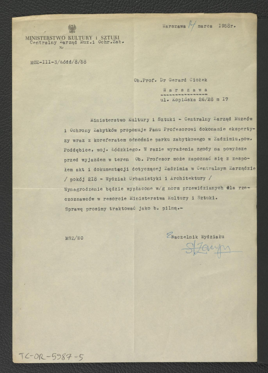 oferta z 14 marca 1958 r. ze strony Centralnego Zarządu Muzeów i Ochrony Zabytków Ministerstwa Kultury i Sztuki dla G. Ciołka na dokonanie ekspertyzy wraz z koreferatem odnośnie miejscowego parku, skan 1