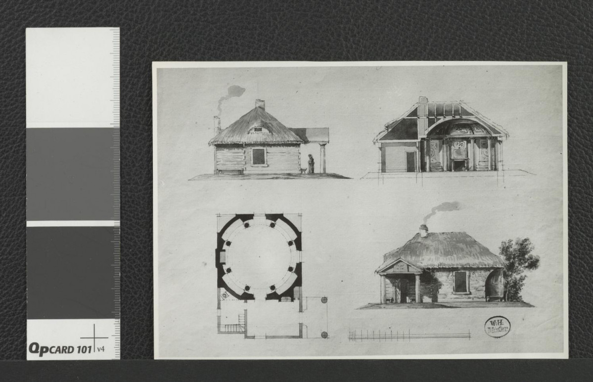 chatka w ogrodzie pałacu Teppera: rzut, przekrój oraz dwie elewacje według projektu Szymona Bogumiła Zuga z 1781 roku (dwie odbitki fotografii dwubarwnej reprodukcji rysunku akwarelizowanego), skan 1