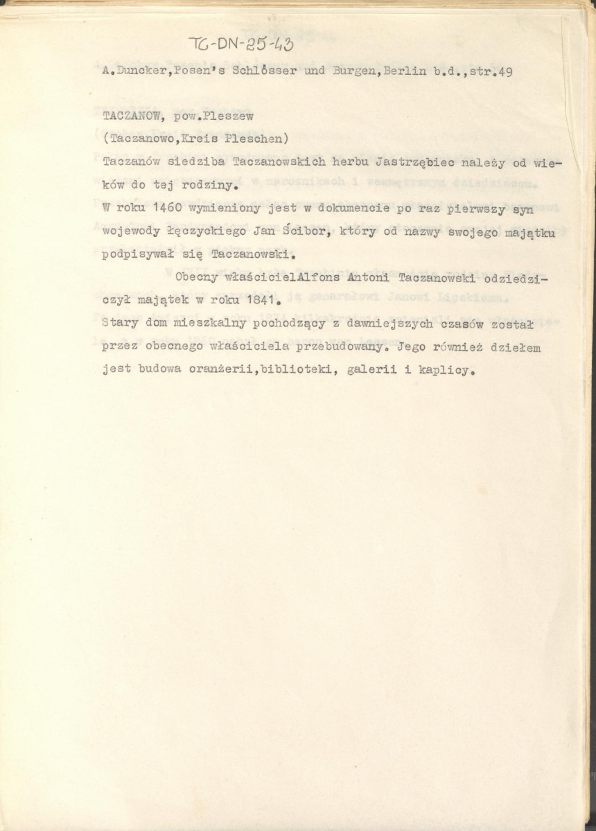 wypis z pracy "Pałace i zamki w Poznańskim w artystycznych, barwnych i wiernie z natury odtworzonych ilustracjach wraz z towarzyszącym im tekstem. Wydane przez Aleksadra Ducknera nadwornego księgarza Jego Królewskiej Mości. Berlin b.d. Nakładem Aleksandra Ducknera nadwornego księgarza królewskiego", s. 49, skan 1