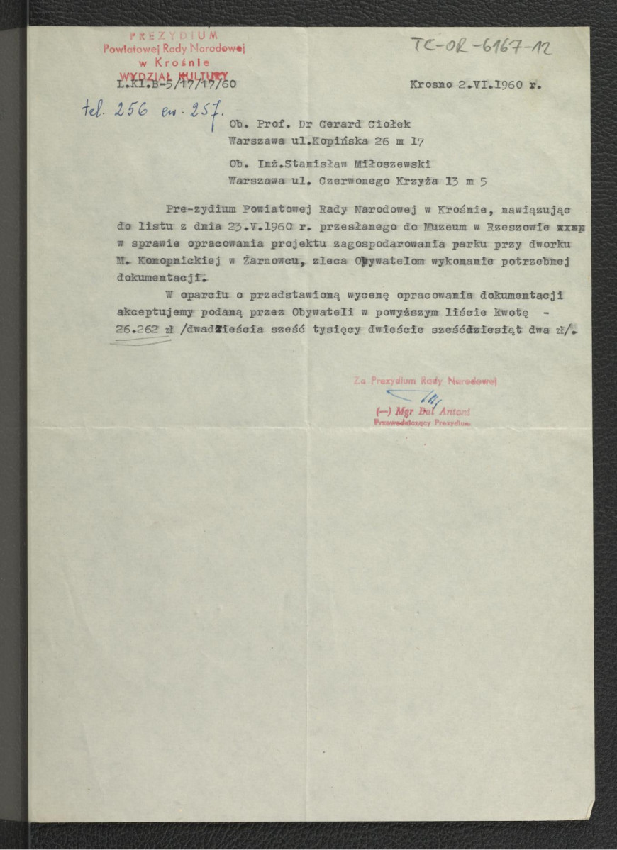 zawiadomienie z 2 czerwca 1960 r. ze strony Wydziału Kultury Prezydium Rady Narodowej w Krośnie do G. Ciołka o akceptacji ryciny opracowanej dokumentacji , skan 1