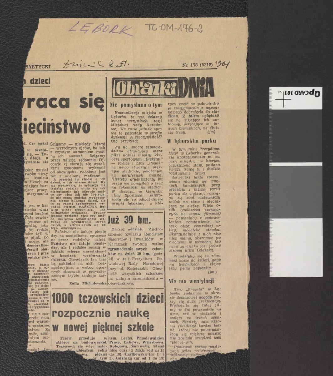 fragment karty z „Dziennika Bałtyckiego” nr 178/5318 (1961) zawierający zwięzły tekst pt. W lęborskim parku, skan 1