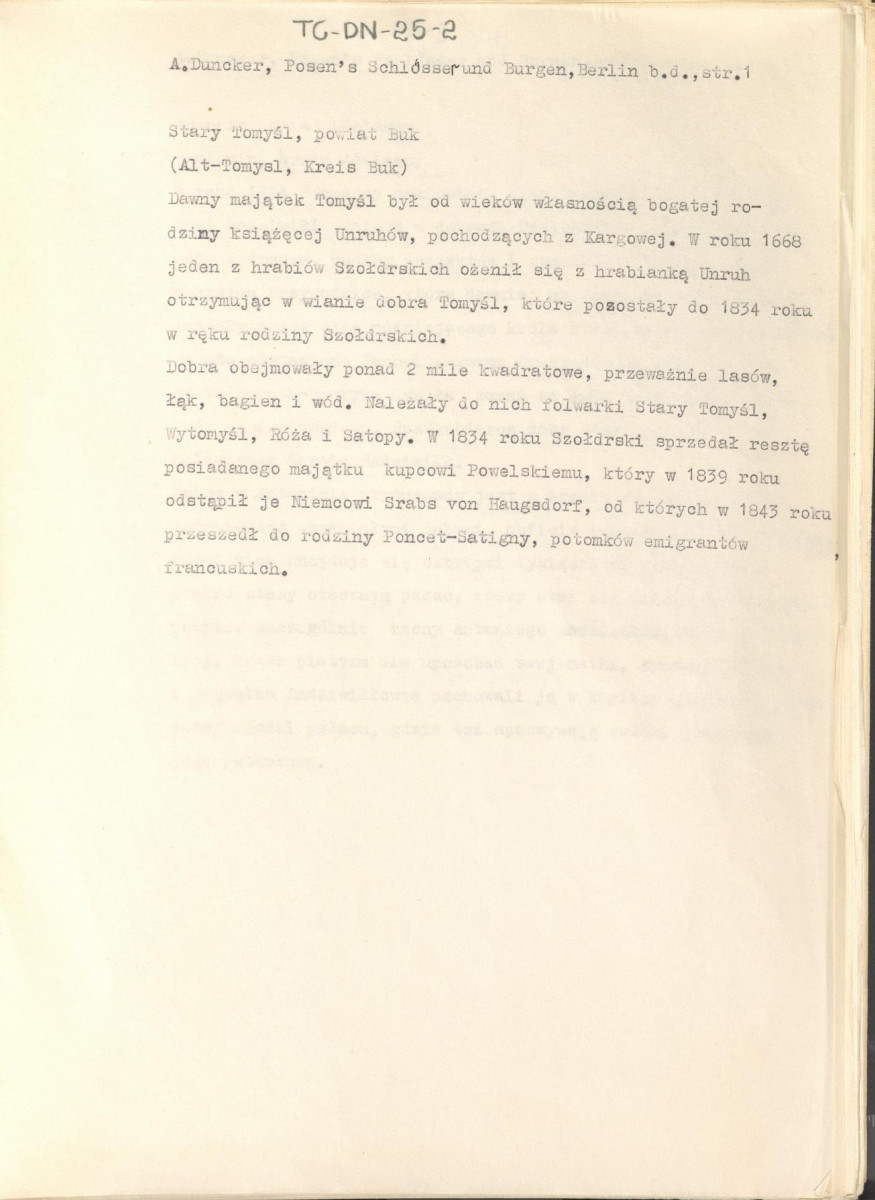 wypis z pracy "Pałace i zamki w Poznańskim w artystycznych, barwnych i wiernie z natury odtworzonych ilustracjach wraz z towarzyszącym im tekstem. Wydane przez Aleksadra Ducknera nadwornego księgarza Jego Królewskiej Mości. Berlin b.d. Nakładem Aleksandra Ducknera nadwornego księgarza królewskiego", s. 1, skan 1