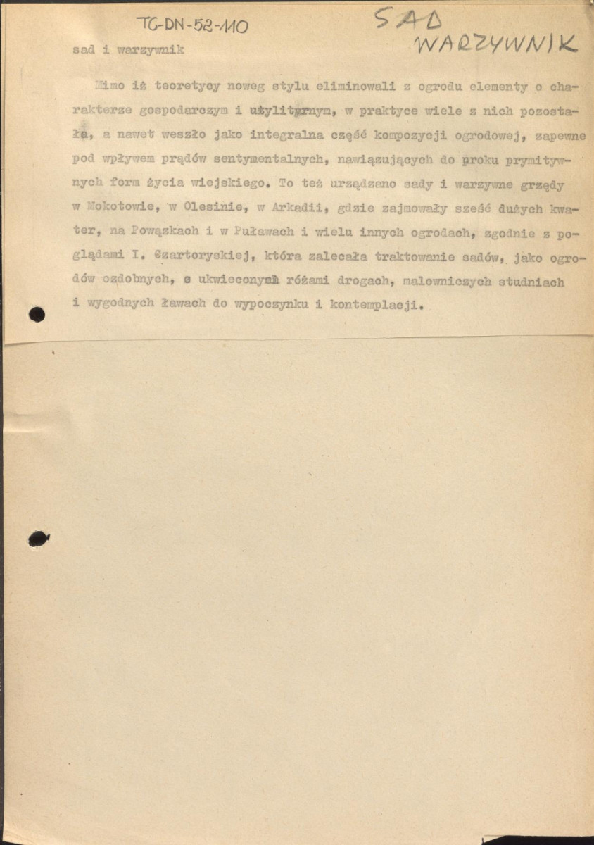 sad i warzywnik - hasło przygotowane do Encyklopedii Powszechnej Sztuki Ogrodowej - fragment tekstu, skan 1