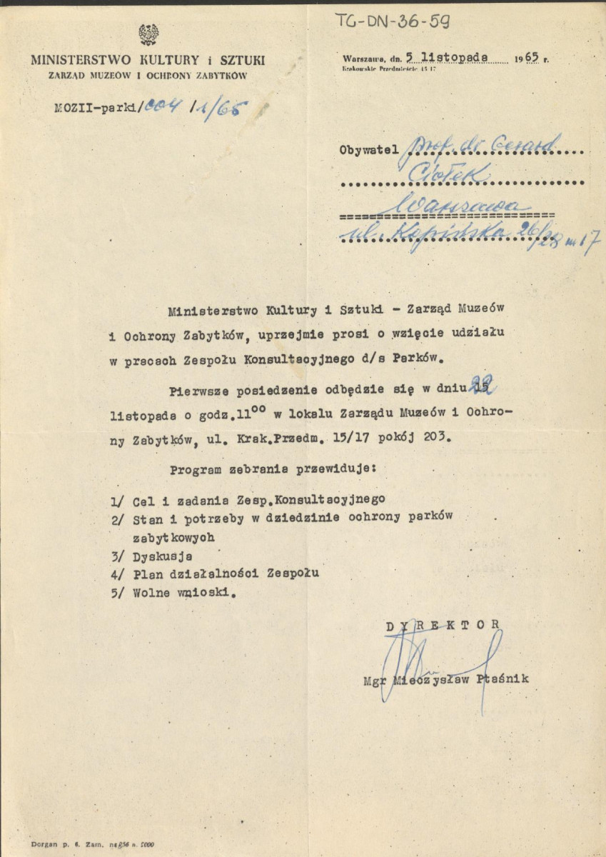 zaproszenie ze strony Zarządu Muzeów i Ochrony Zabytków Ministerstwa Kultury i Sztuki z dnia 5 listopada 1965 r. do wzięcia udziału w pracach Zespołu Konsulatacyjnego ds. Parków, skan 1