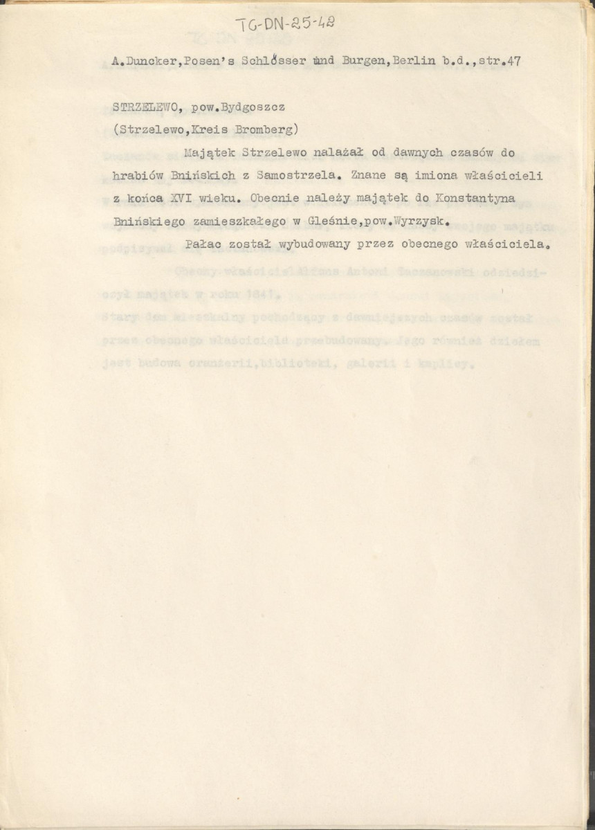 wypis z pracy "Pałace i zamki w Poznańskim w artystycznych, barwnych i wiernie z natury odtworzonych ilustracjach wraz z towarzyszącym im tekstem. Wydane przez Aleksadra Ducknera nadwornego księgarza Jego Królewskiej Mości. Berlin b.d. Nakładem Aleksandra Ducknera nadwornego księgarza królewskiego", s. 47, skan 1