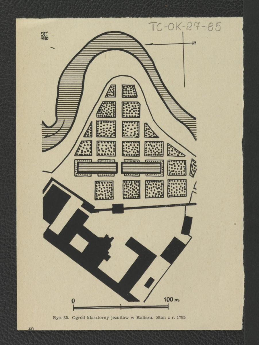 plan ogrodu klasztornego jezuitów w ww. miejscowości; stan z 1785 r. opracowany przez Gerarda Ciołka w 1950 r.; , skan 3