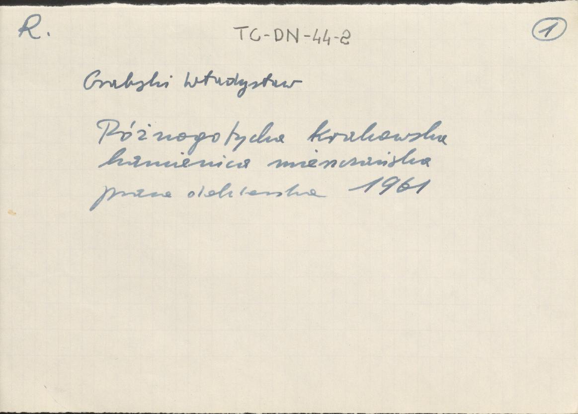 Grabski Władysław, Późnogotycka krakowska kamienica mieszczańska, 1961 (fiszka zawierająca nazwisko autora i temat jego pracy doktorskiej), skan 1