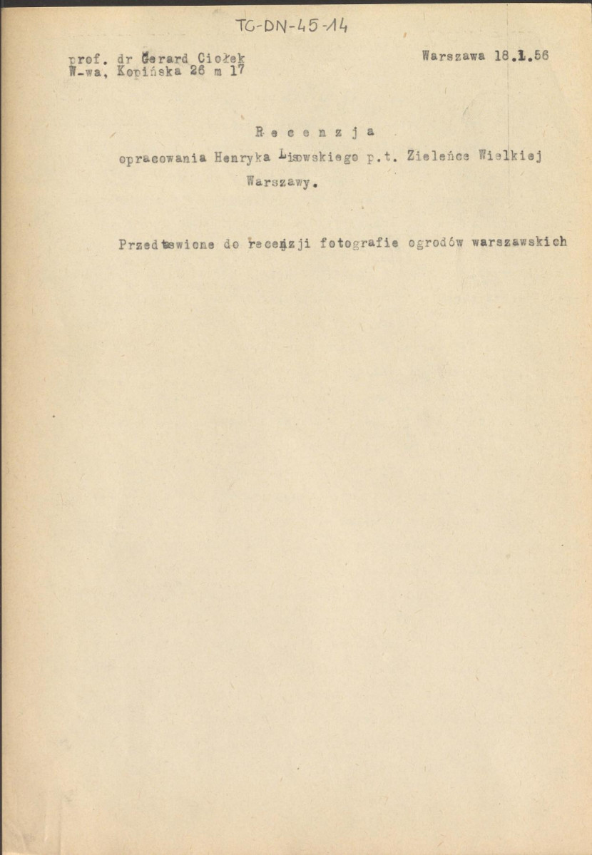recenzja opracowania Henryka Lisowskiego pt. "Zieleńce wielkiej Warszawy" z dnia 18 stycznia 1956 r. (wydane pt. "Zieleń Warszawy" w 1956 r.), skan 1
