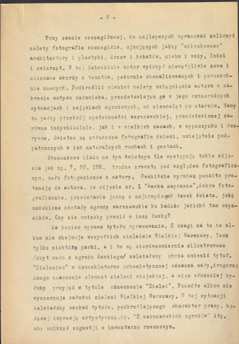 recenzja opracowania Henryka Lisowskiego pt. "Zieleńce wielkiej Warszawy" z dnia 18 stycznia 1956 r. (wydane pt. "Zieleń Warszawy" w 1956 r.), skan 2