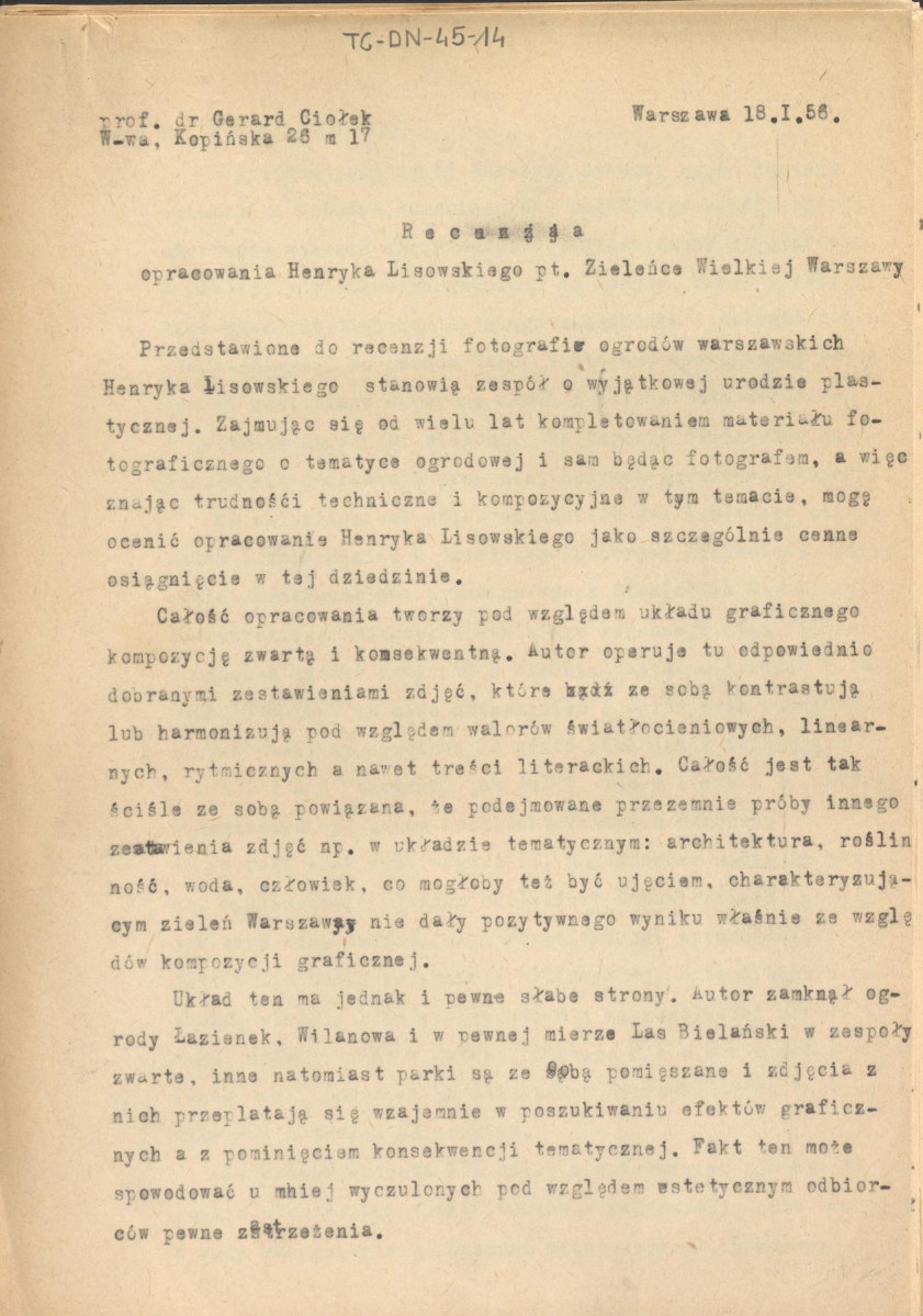 recenzja opracowania Henryka Lisowskiego pt. "Zieleńce wielkiej Warszawy" z dnia 18 stycznia 1956 r. (wydane pt. "Zieleń Warszawy" w 1956 r.), skan 3