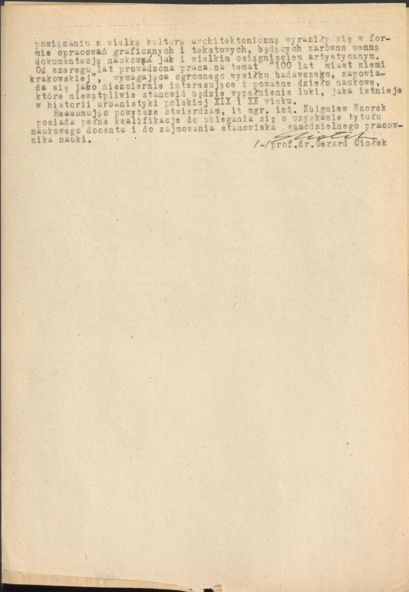 opinia z dnia 6 czerwca 1956 r. dotycząca Zbigniewa Wzorka w związku z wnioskiem o nadanie tytułu naukowego docenta wraz z odręczną notatką ukazującą przebieg pracy zawodowej, skan 2