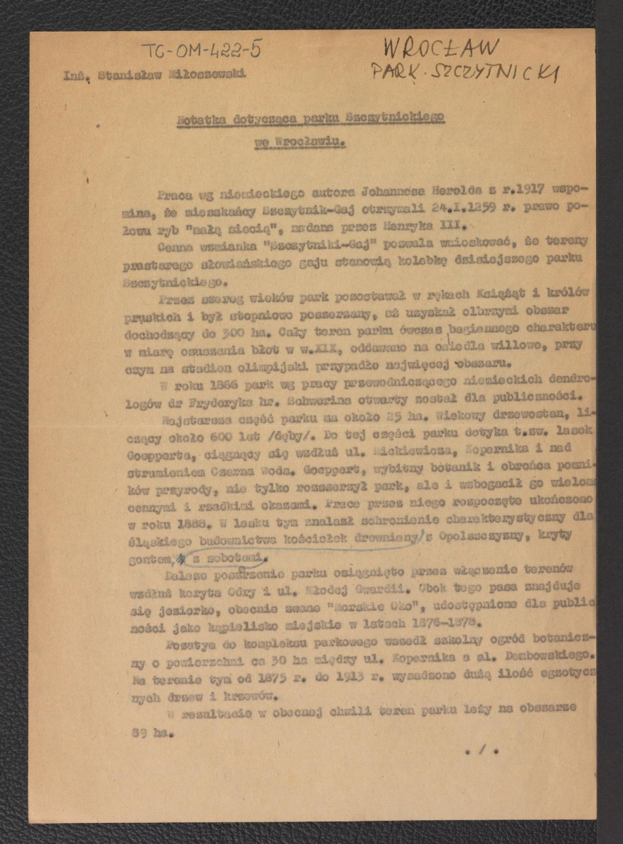 „Notatka odnośnie Parku Szczytnickiego” autorstwa Stanisława Miłoszewskiego z dnia 4 października 1956 roku, skan 2