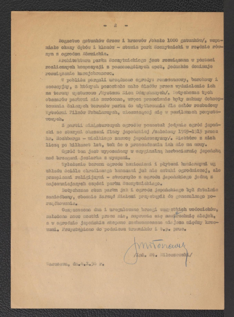 „Notatka odnośnie Parku Szczytnickiego” autorstwa Stanisława Miłoszewskiego z dnia 4 października 1956 roku, skan 3