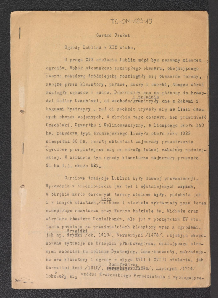 tekst autorstwa G. Ciołka pt. Ogrody Lublina w XIX w., skan 1