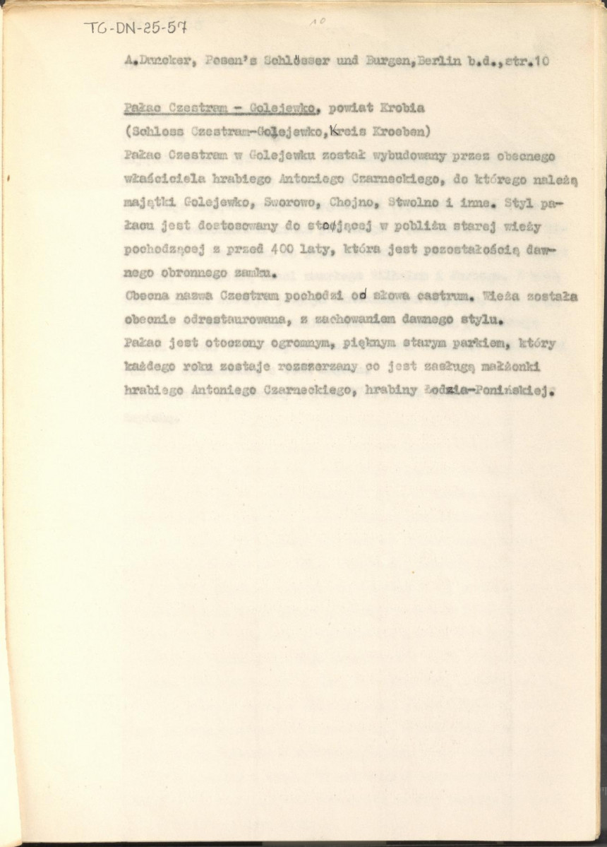 wypis z pracy "Pałace i zamki w Poznańskim w artystycznych, barwnych i wiernie z natury odtworzonych ilustracjach wraz z towarzyszącym im tekstem. Wydane przez Aleksadra Ducknera nadwornego księgarza Jego Królewskiej Mości. Berlin b.d. Nakładem Aleksandra Ducknera nadwornego księgarza królewskiego", s. 10, skan 1