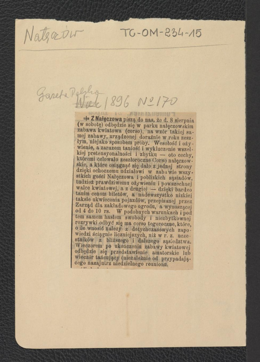 wycinek z „Gazety Polskiej” nr 170 (1896) zawierający informacje na temat odbywającej się 8 sierpnia wspomnianego roku imprezie okolicznościowej, skan 1