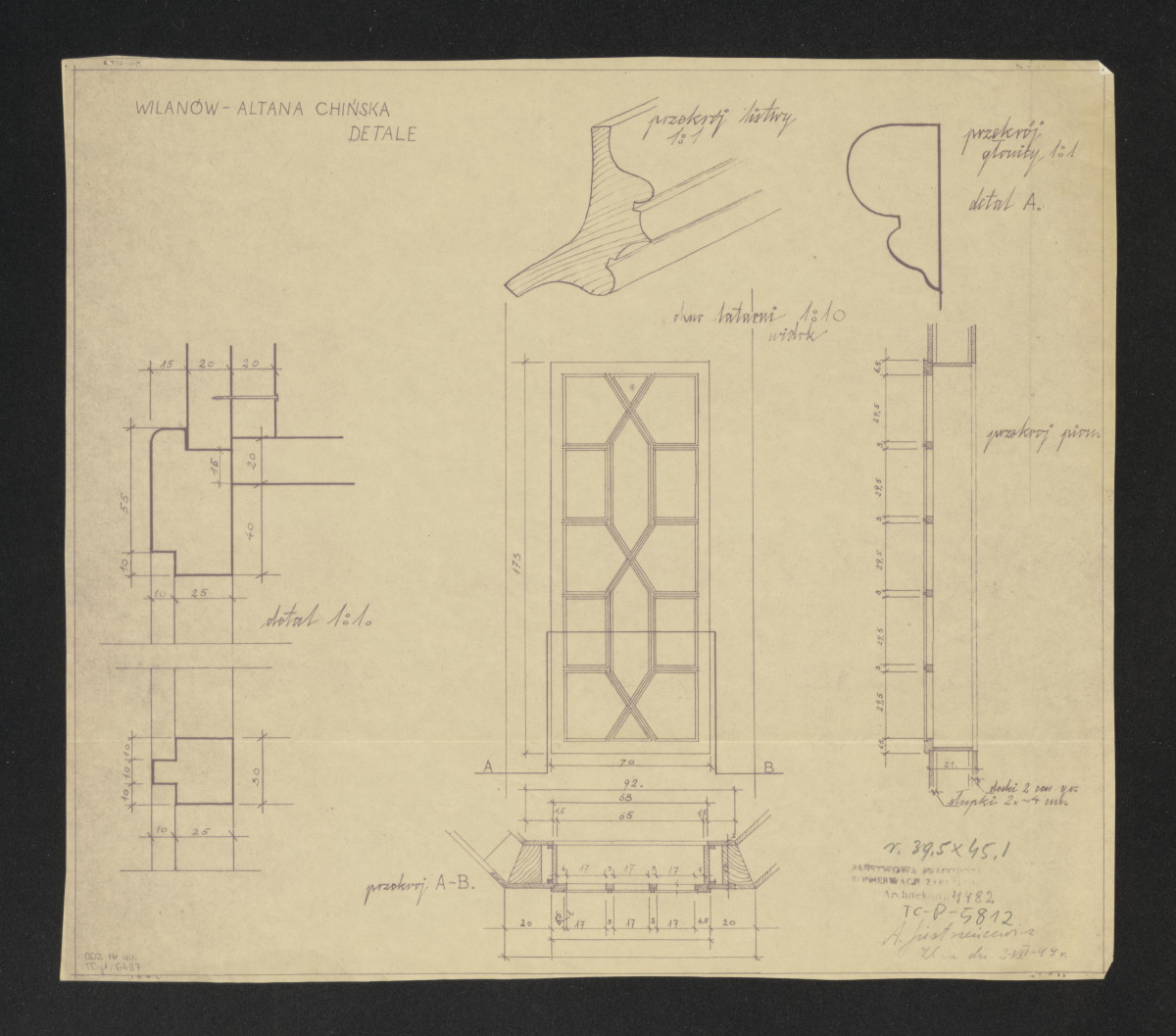 Wilanów-altana chińska - detale okna latarni. Widok, przekrój pionowy i poprzeczny, skan 1